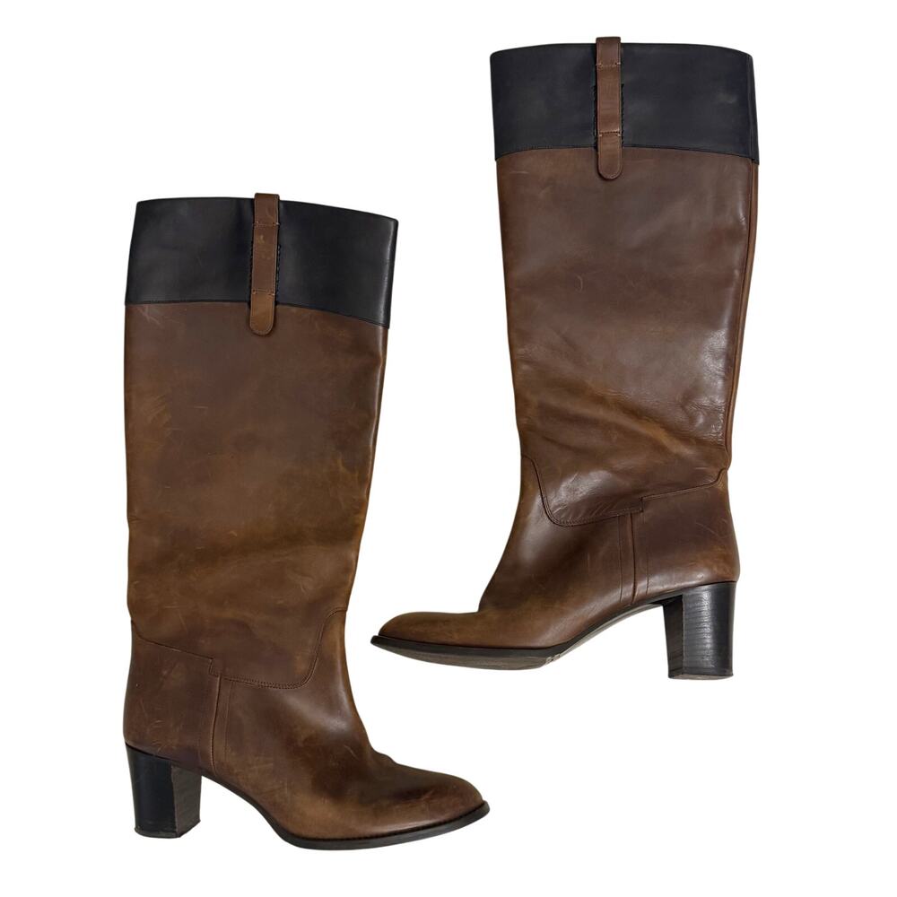 J.Crew Womens Knee High Heeled Brown Black Leather Boots Size 10 Made in Italy